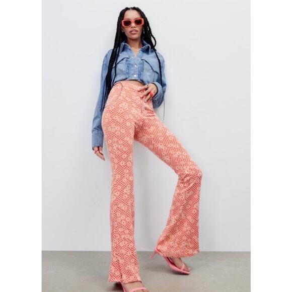 Zara Pants - Zara Women’s Orange Daisy Print Flare Pant Sz S Split Hem Retro 70s Boho